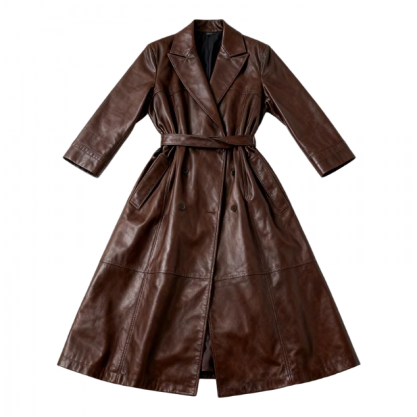 Brown Faux Leather Longline Trench Coat