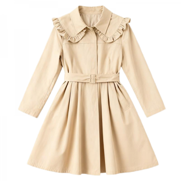 Beige Trench Coat Dress with Ruffled Collar