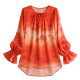 Orange-to-Red Gradient Blouse with Landscape Print & Glitter