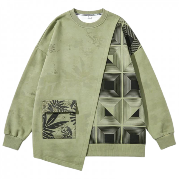 Sage Green Sweatshirt with Leaf & Geometric Patchwork