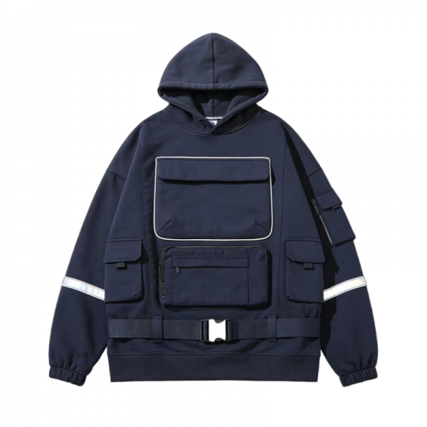 Navy Blue Cargo Hoodie with Multiple Pockets & Reflective Trim