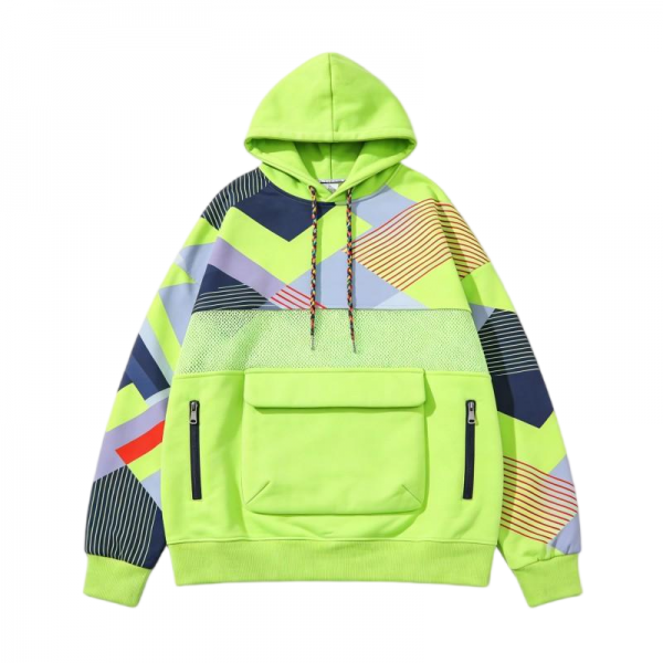 Neon Green Hoodie with Geometric Patchwork & Mesh Panel