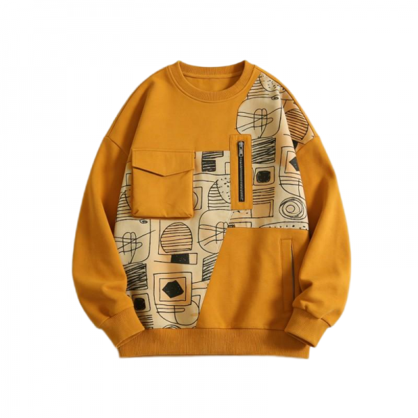 Mustard Yellow Sweatshirt with Geometric Patchwork