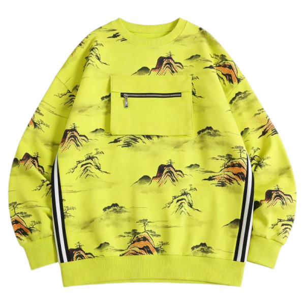 Neon Yellow Sweatshirt with Landscape Print & Striped Trim