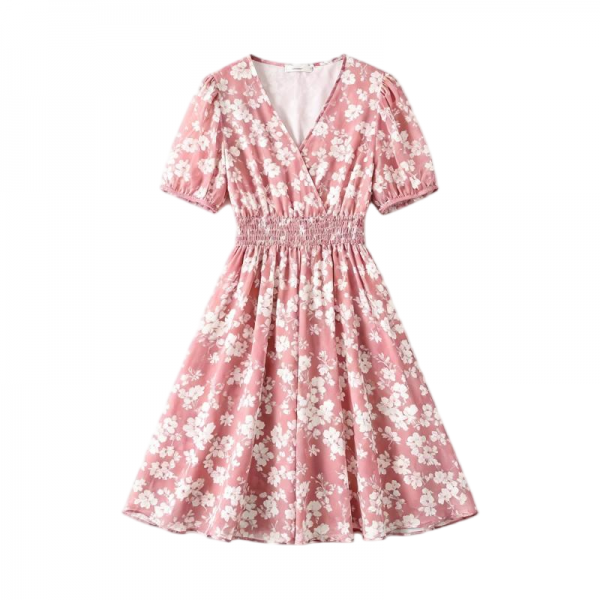 Blush Pink Floral Wrap Dress with Smocked Waist