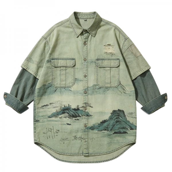 Light Green Denim Shirt with Landscape Print & Layered Sleeves