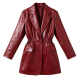 Burgundy Faux Leather Cinched-Waist Blazer