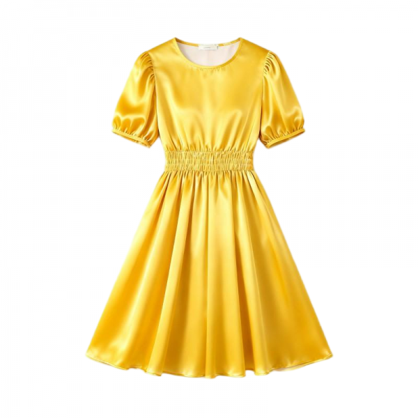 Mustard Yellow Satin Puff-Sleeve Smocked Waist Dress